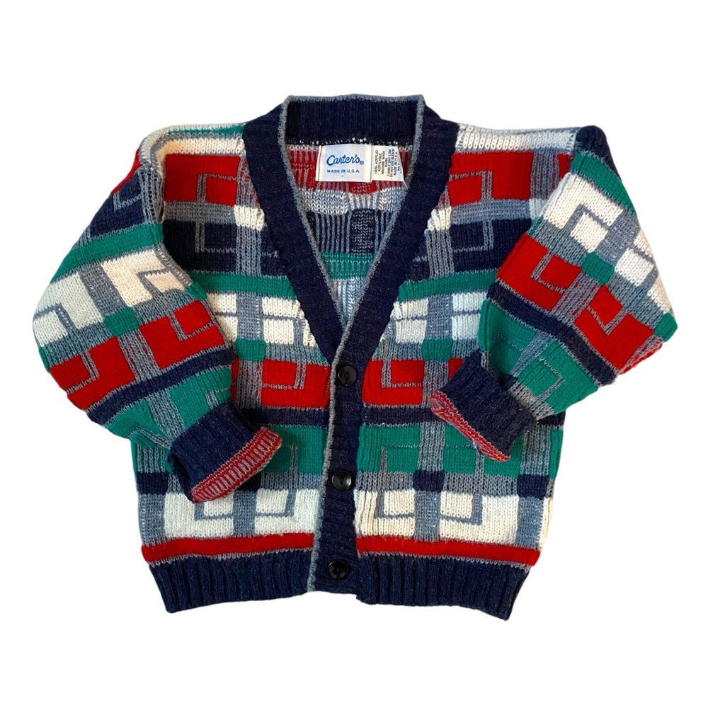 VINTAGE Carter’s 80s 90s USA Knit Cardigan Top Sweater Shirt Red Blue Green